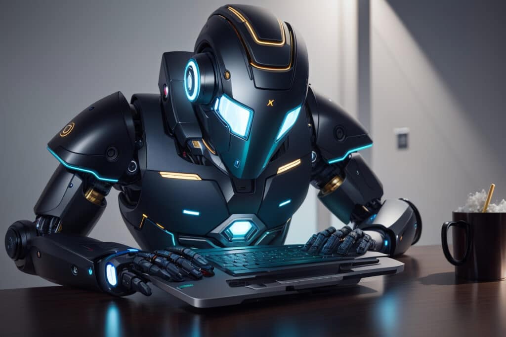 ai generated image of a futuristic robot typing on a keyboard at a desk