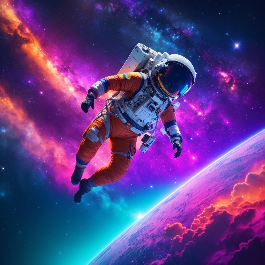 astronaut floating in space with beautiful purple and pink nebula in the background
