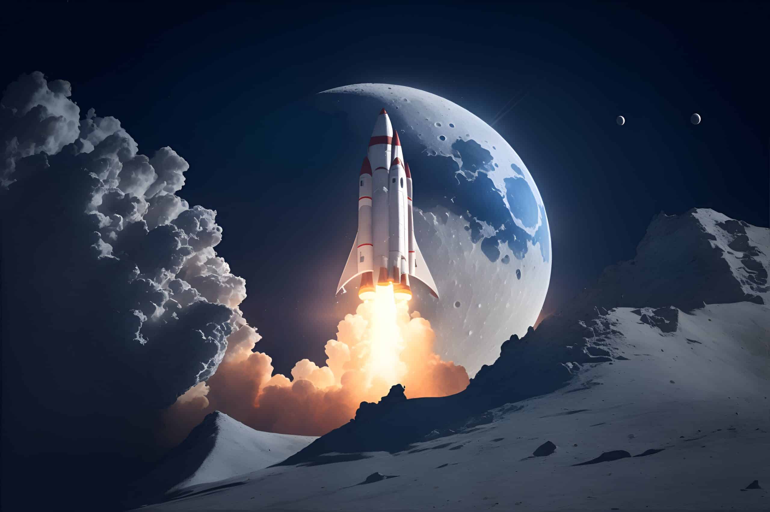 ai generated image of a rocket ship launching from behind some mountains with a giant moon behind it