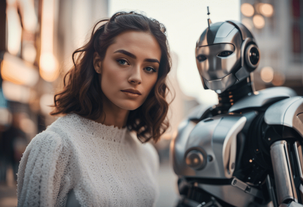 attractive female influencer with a shiny metal robot
