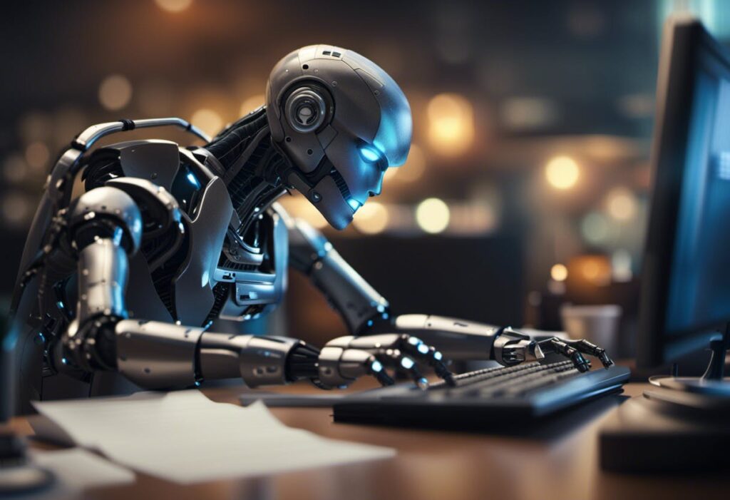 a futuristic robot sitting at a desk typing on a computer keyboard