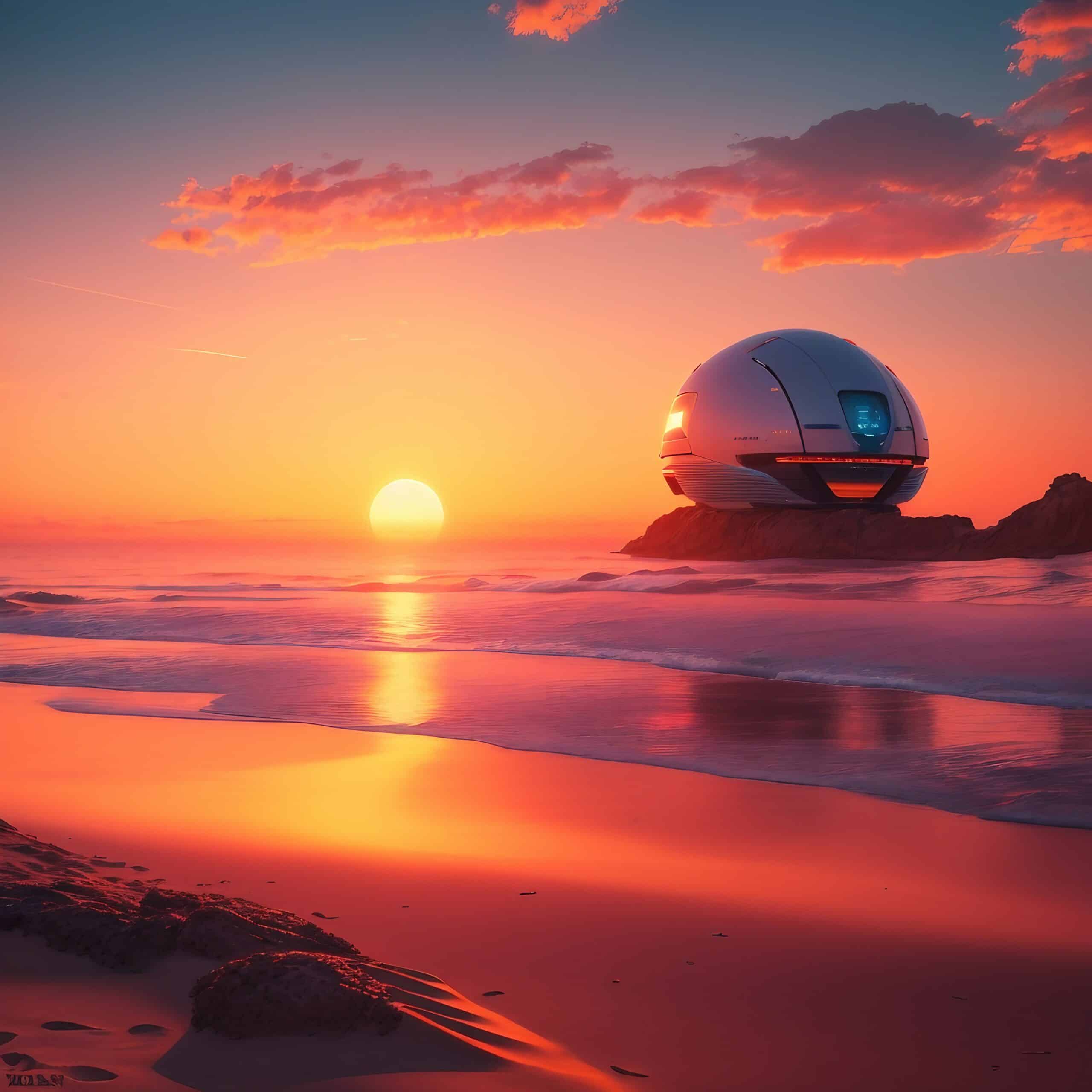 dystopian beach during sunset with a futuristic dome house in the distance