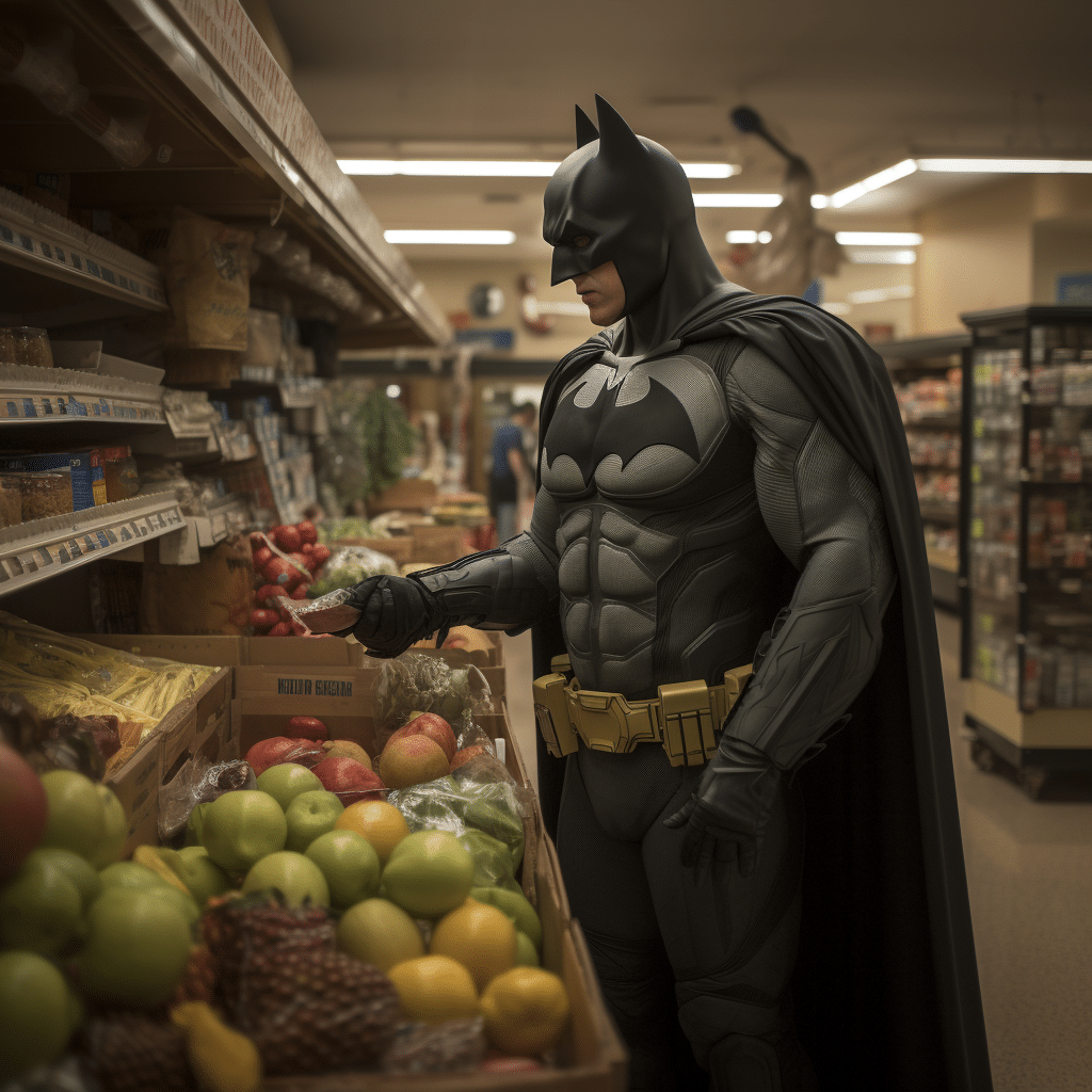 ai generated image of batman shopping for groceries in the produce section