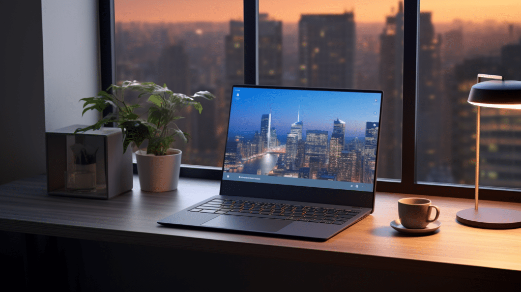 ai generated photo of a laptop sitting on a desk in front of a window overlooking a cityscape at sunset. there is a small plant, coffee mug, and reading lamp on the desk surrounding the laptop.