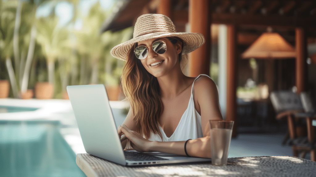 a woman sitting poolside with her laptop. she is wearing a sun hat and sunglasses as she smiles towards the camera after using ai to assist with blog content creation