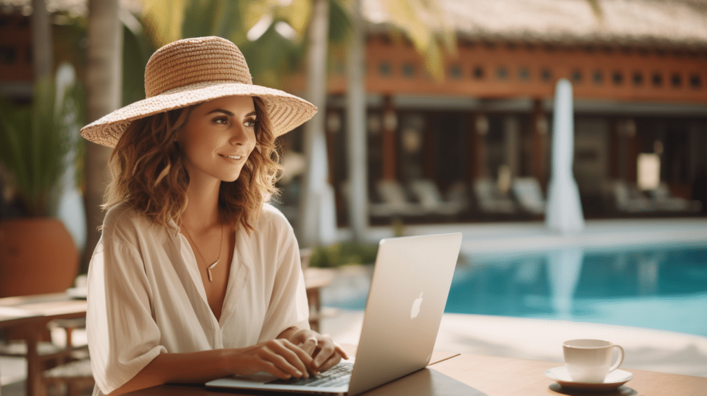 a young woman sitting poolside typing on a laptop. she is wearing a sun hat and looks content as she ponders using ai for blog content creation