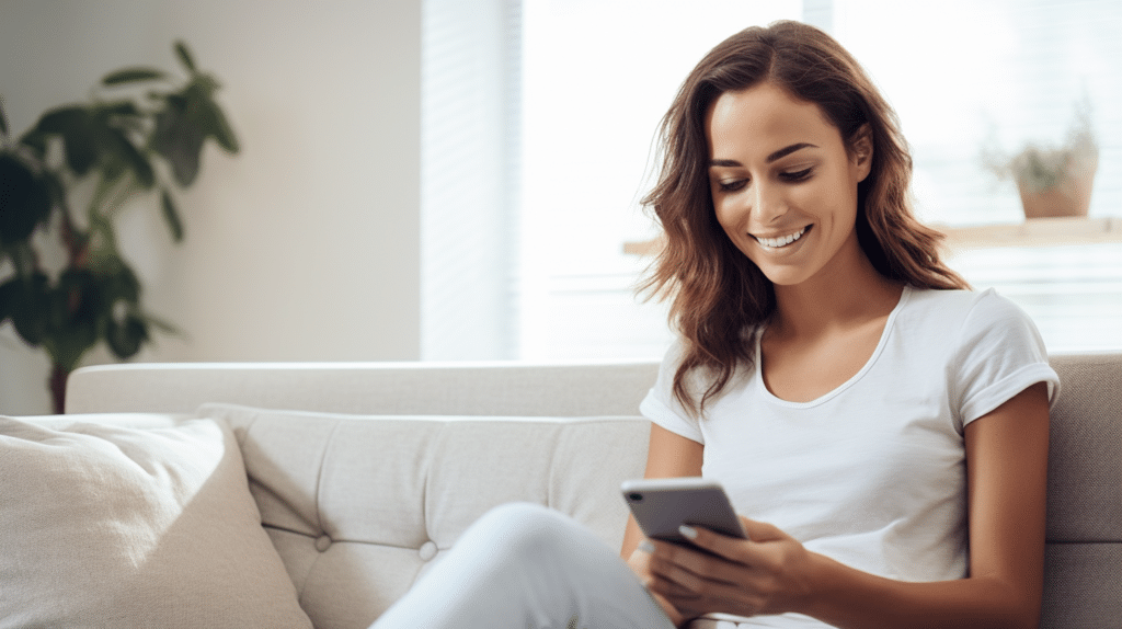 young woman sitting on a couch using ai tools for social media on her smartphone