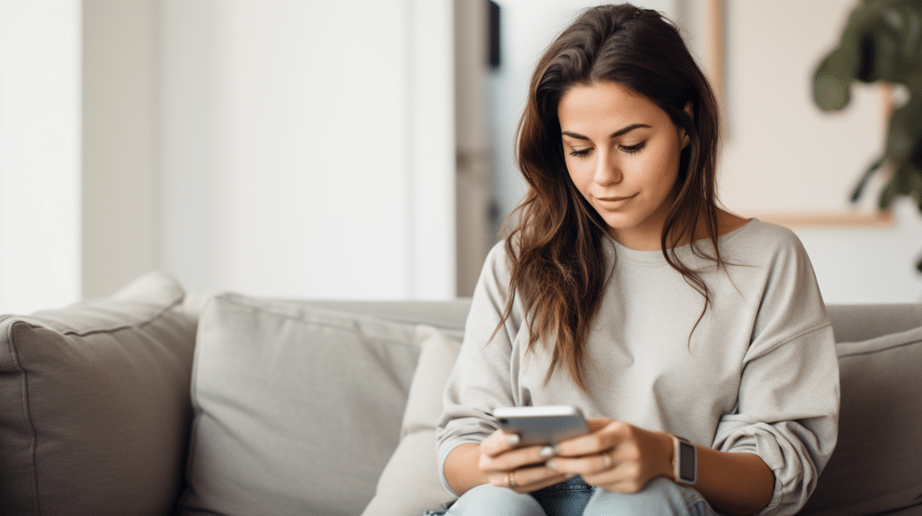 a young woman empowered with ai tools for social media sitting on a couch with her smartphone in hand