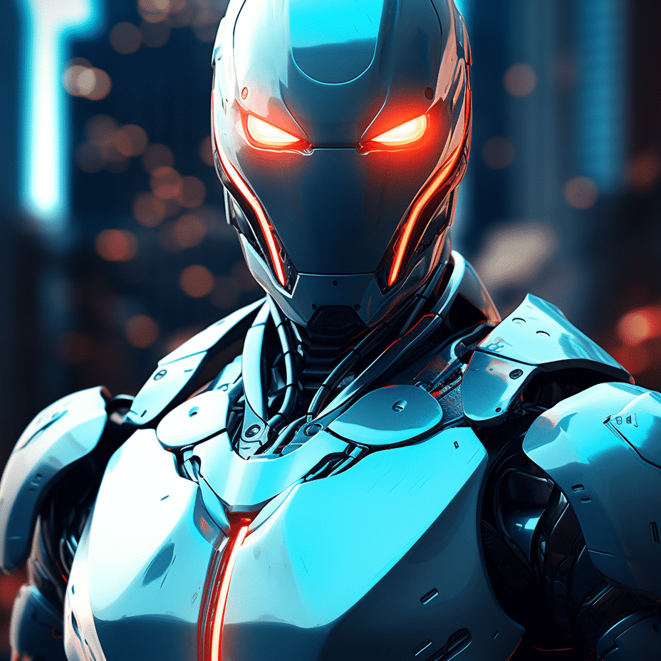 advanced ai robot that looks like ironman but with a blue tint to his armor