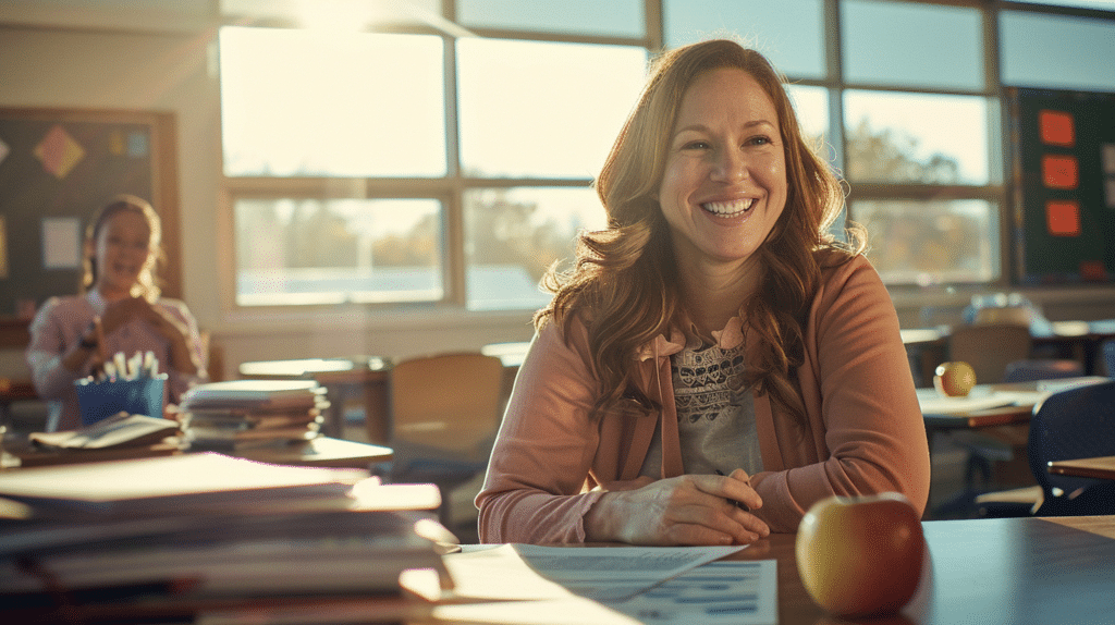 joy-filled teacher who used ai prompts sitting in her classroom with the sun peeking through a window in the background