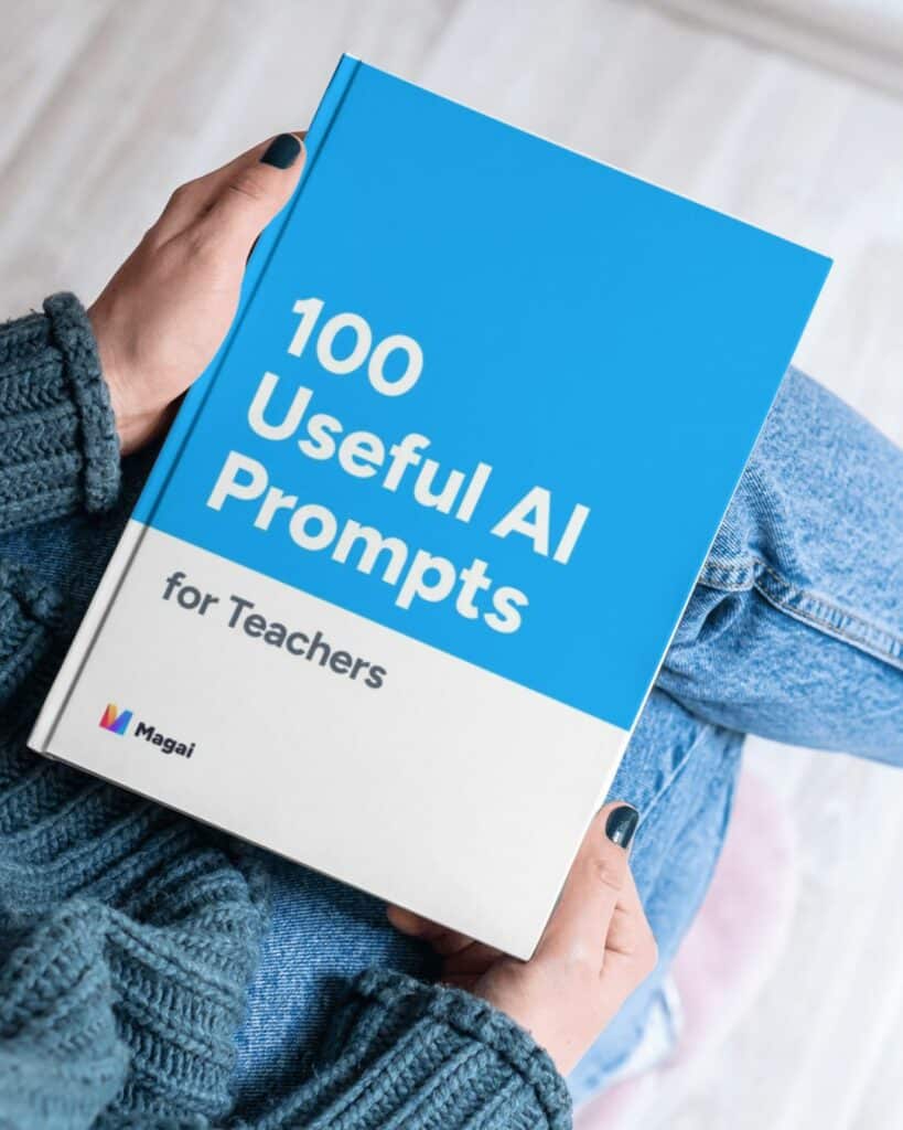 woman holding a book titled 100 useful ai prompts for teachers