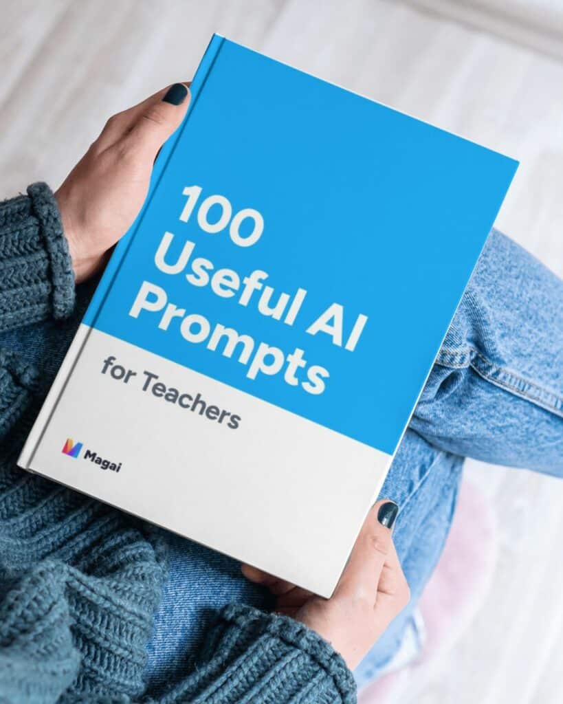 A teacher holding a book titled 100 useful AI prompts for teachers
