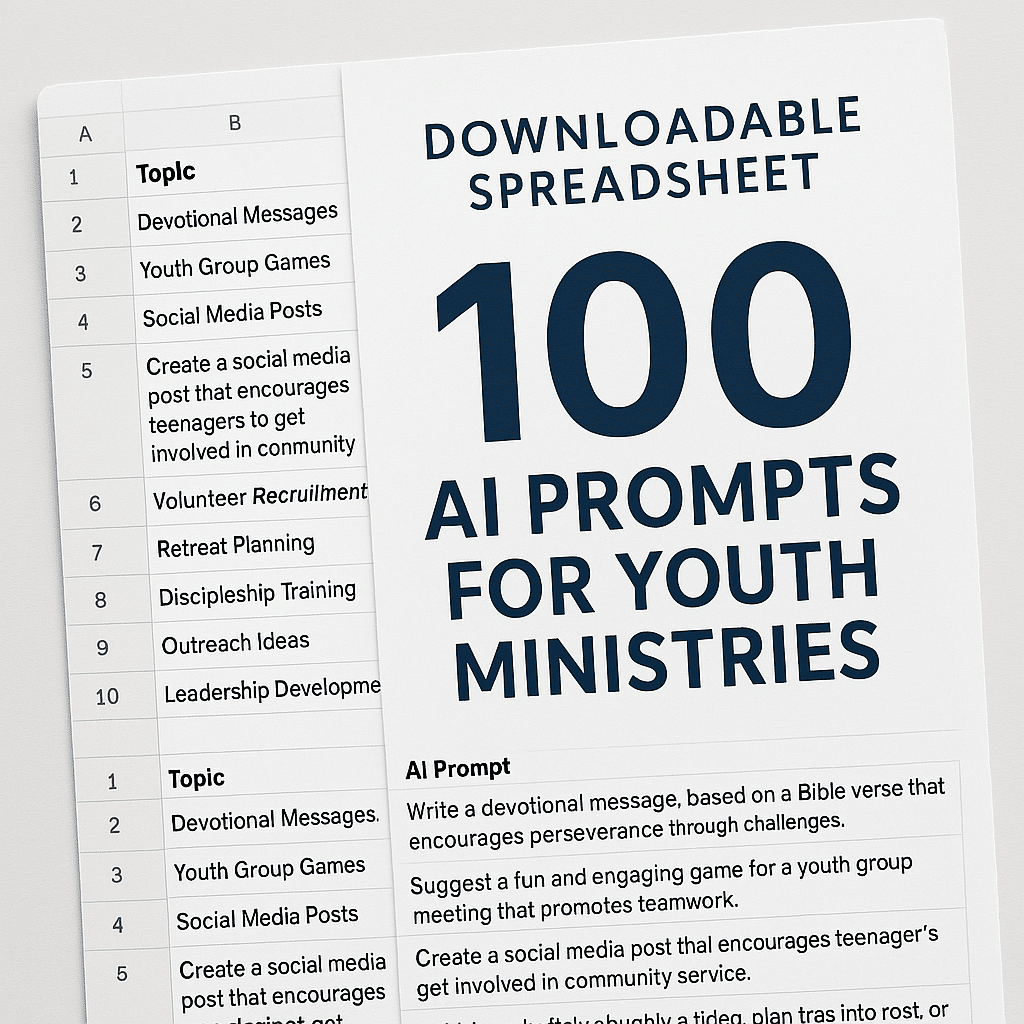 A spreadsheet of prompts with a banner reading 100 AI prompts for youth ministry