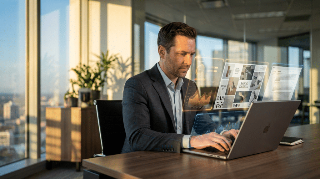 An agency owner at a desk in a high-rise office, a laptop open and digital screens ahead