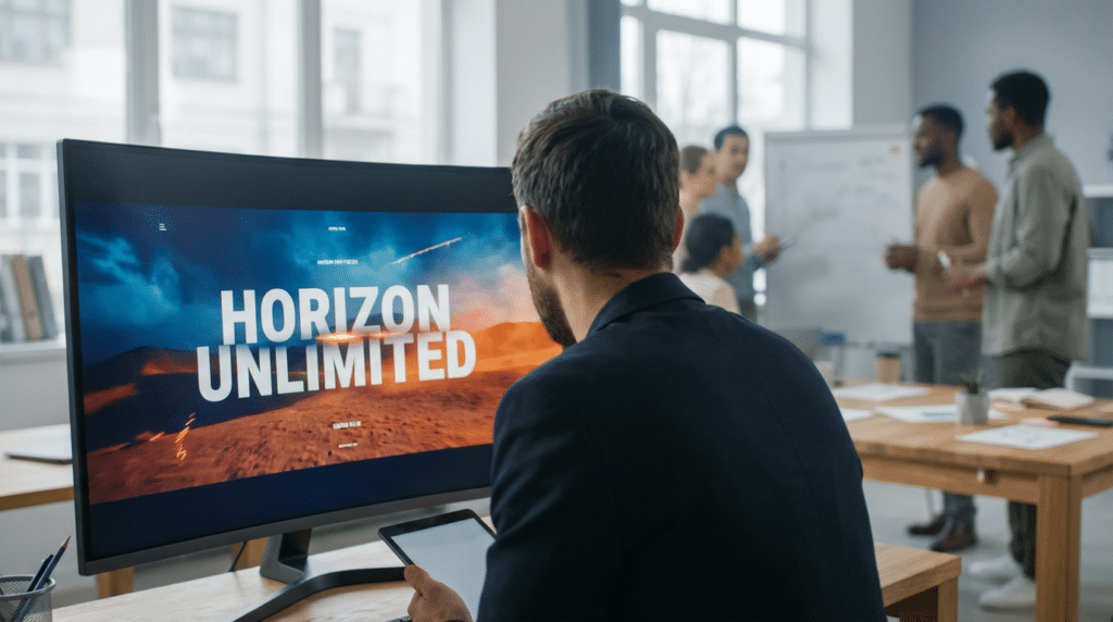 A creative agency office, a strategist at a wide monitor looking at a cinematic image