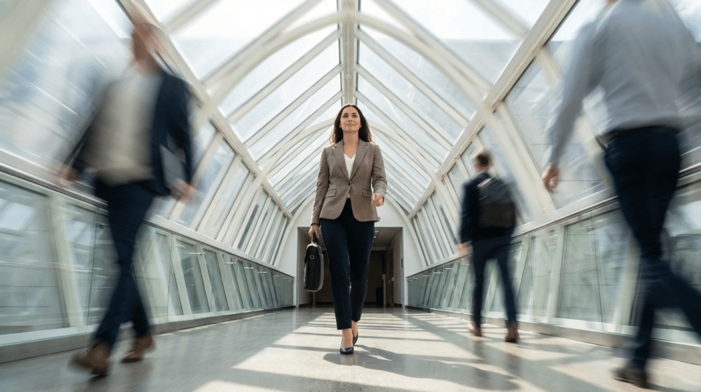 A businesswoman walking through a sunlit glass walkway, the people around her blurred with motion