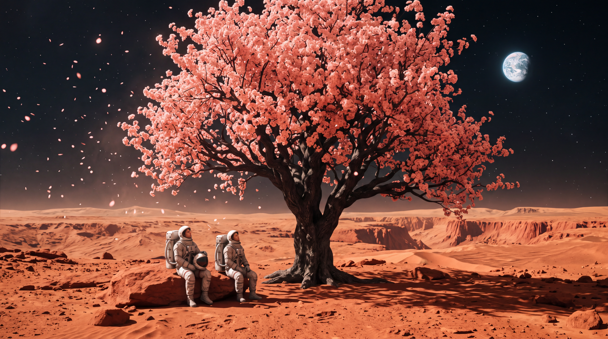 Astronauts tending a tree on Mars