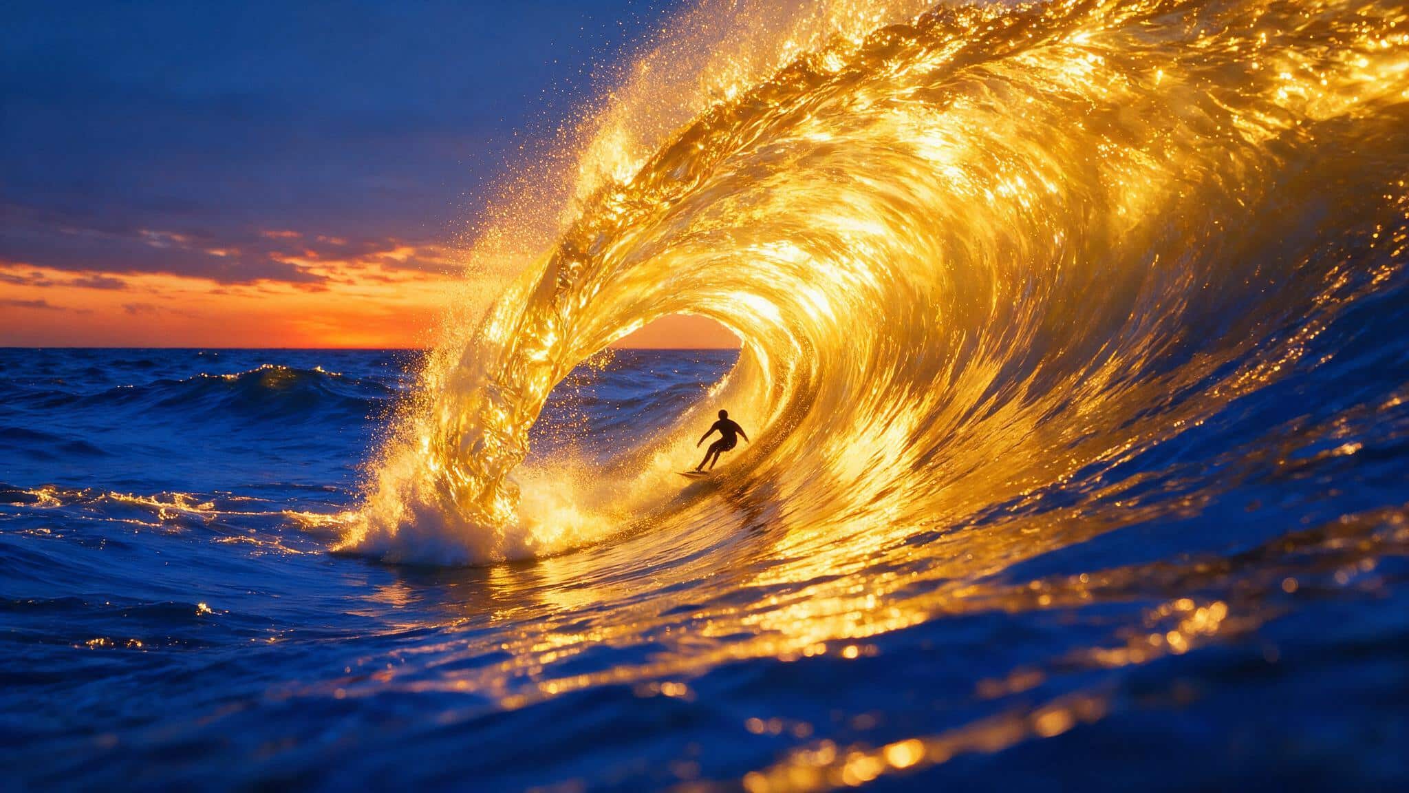 A breaking wave lit gold by a low sun