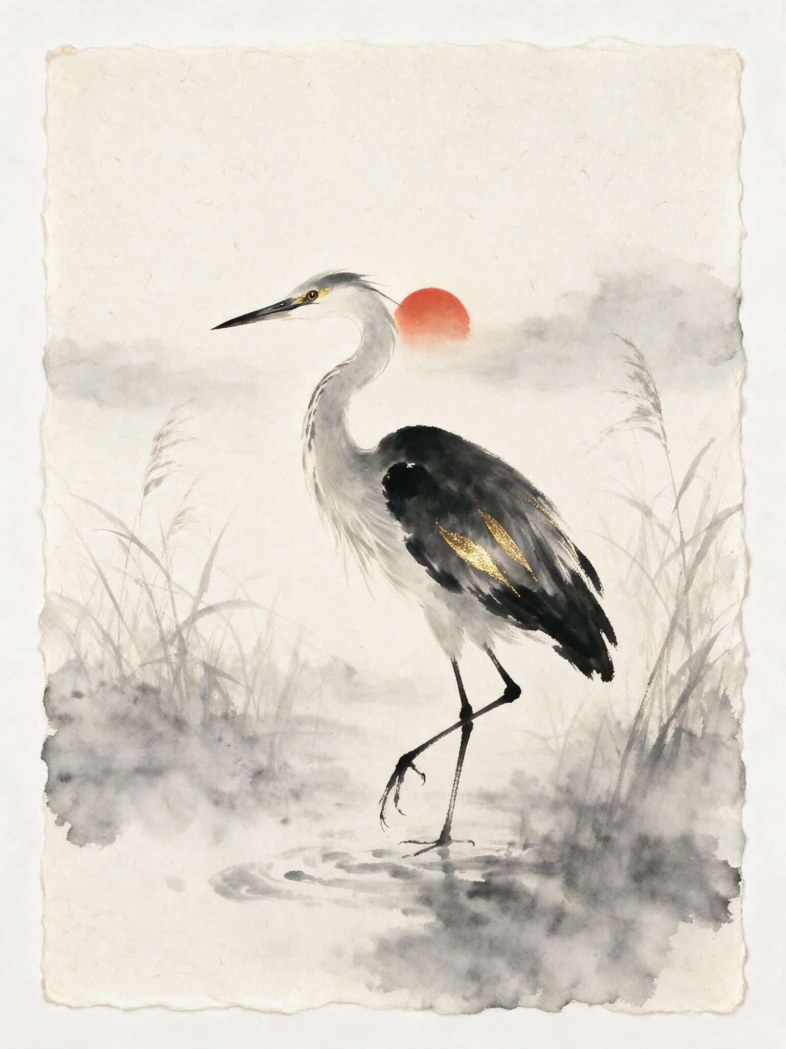 A heron at sunset, in watercolour