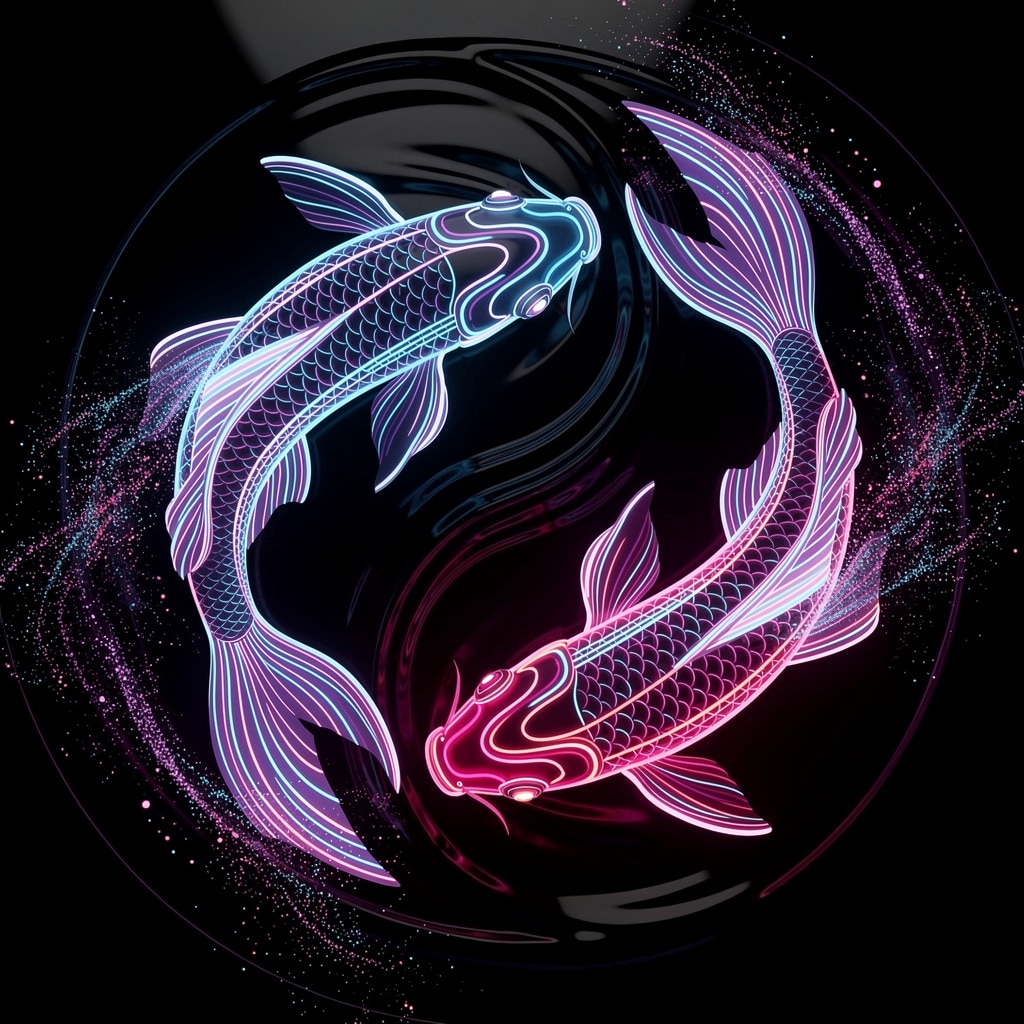Neon koi circling in dark water