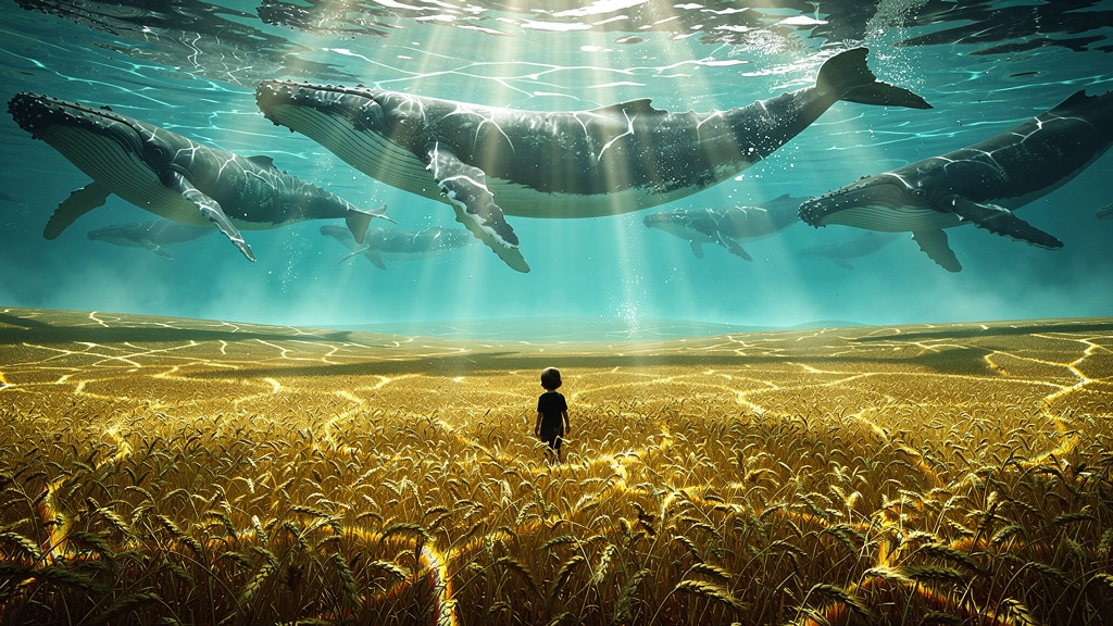 Whales drifting over a golden field